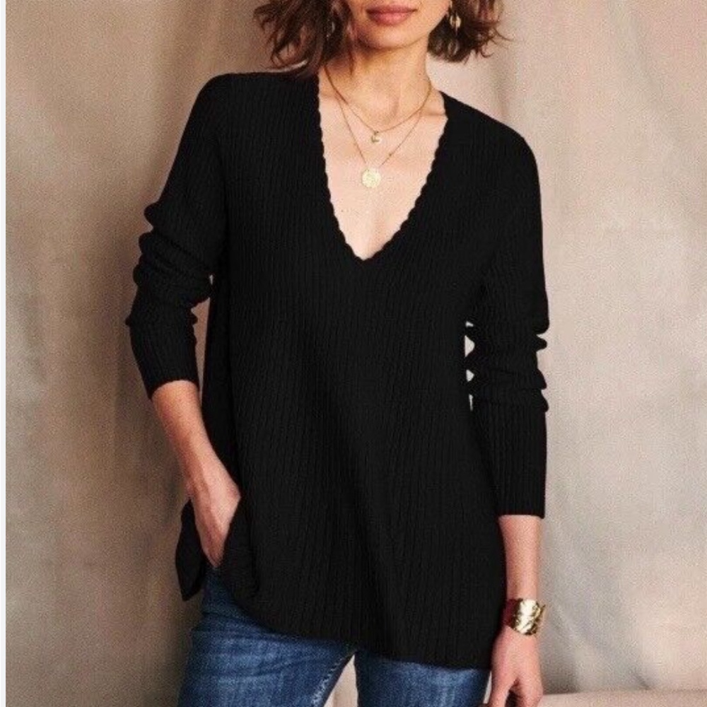 Sezane Black V-Neck Ribbed Sweater